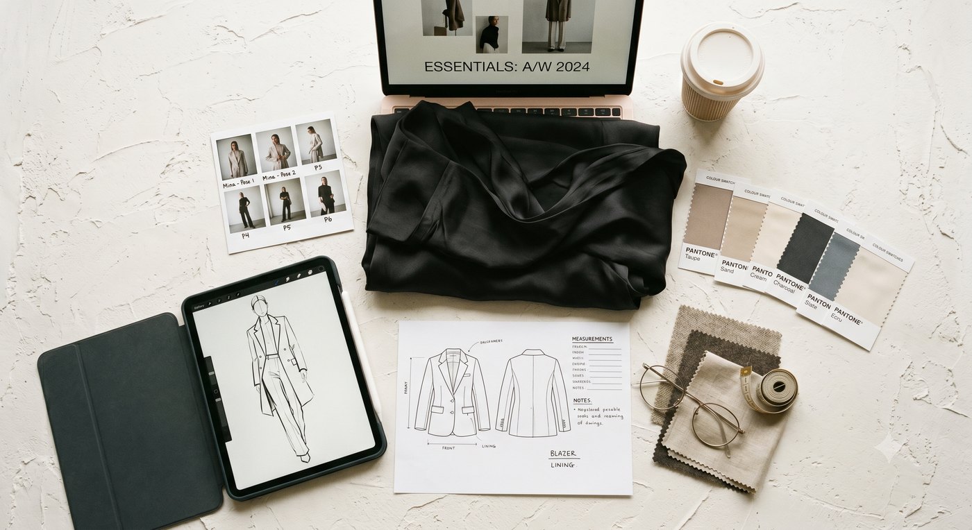 Fashion design desk — lookbook, fabric and colour swatches