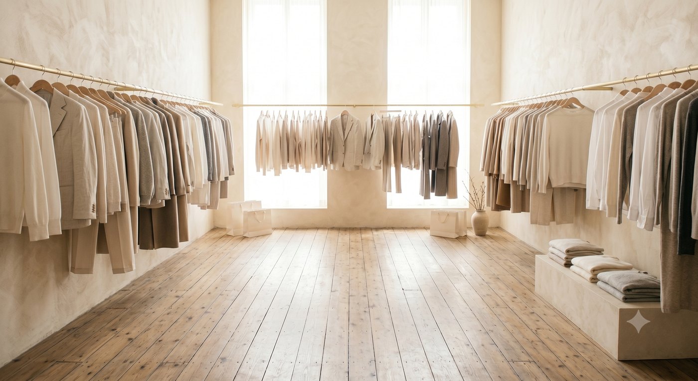Bright minimal showroom — curated neutral collection on rails